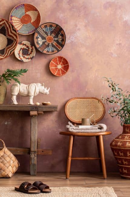 چیدمان بشقاب دیوارکوب تزیینی روی دیوار پذیرایی چیدمان خلاقانه بشقابهای دیوارکوب تزیینی روی دیوار پذیرایی