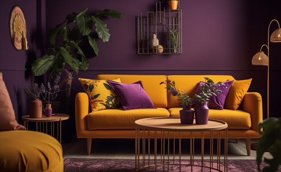 living room with purple wall استفاده از رنگ بنفش در دکوراسیون داخلی