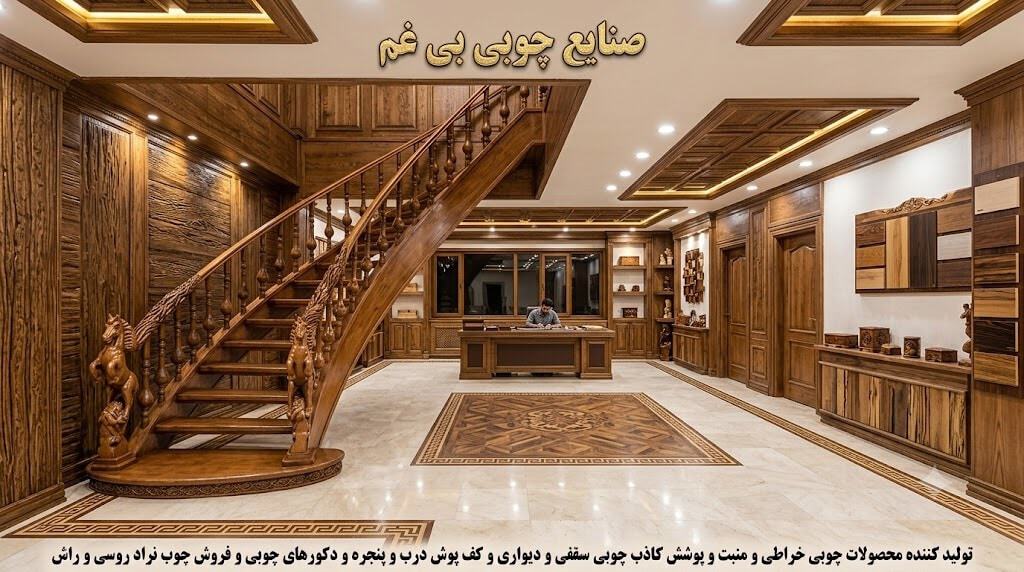 تصویر نرده چوبی راه پله در فضای داخلی منزل با طراحی لوکس و مدرن. نرده چوبی راه پله با طراحی خاص و زیبا در فضای داخلی منزل.
